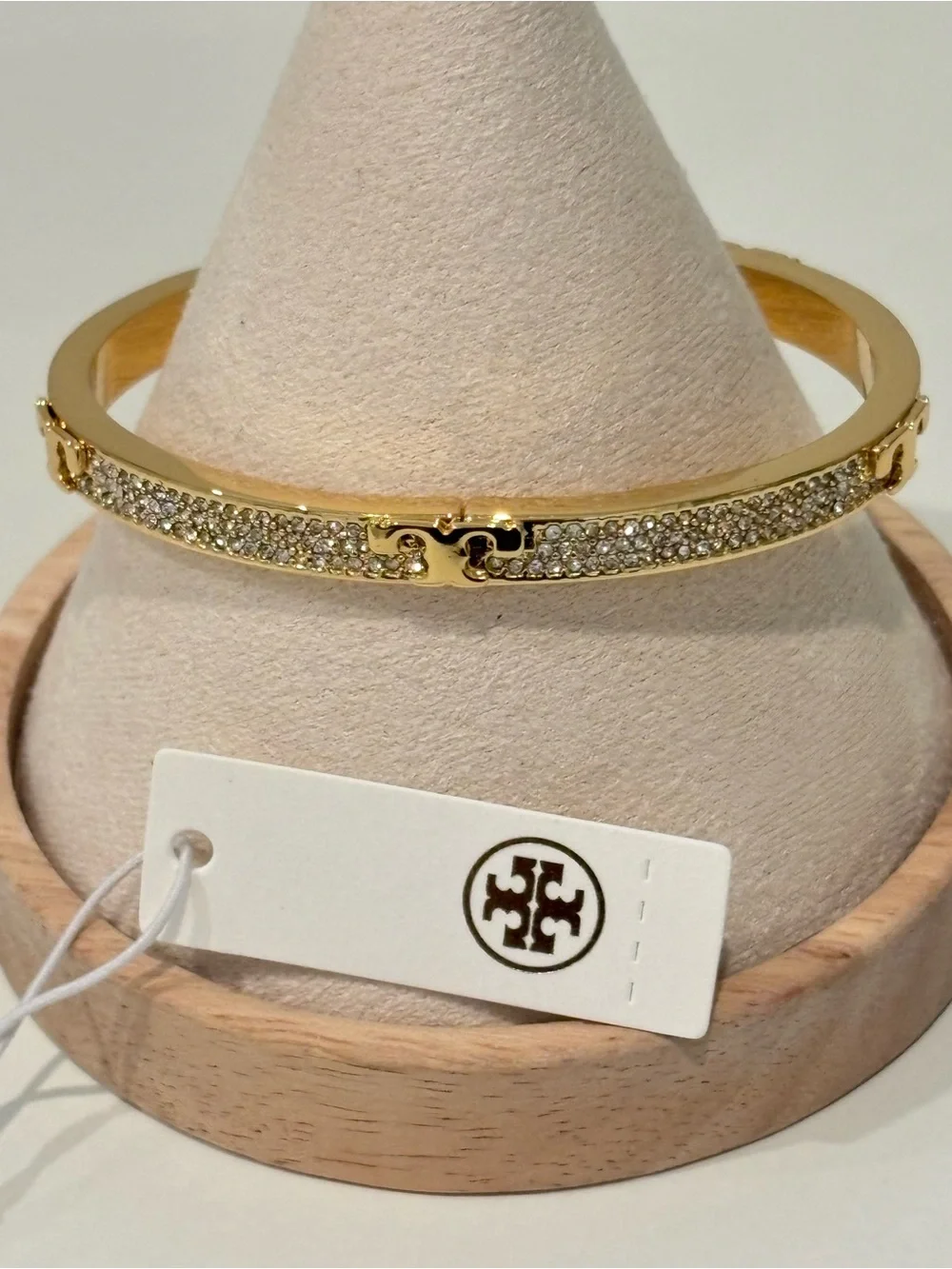 Tory Burch Gold and Crystal Pavé Logo Hinge Bracelet